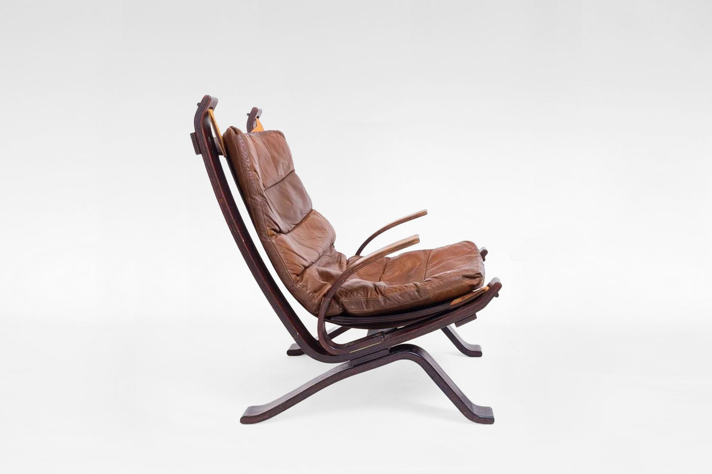 Vintage Cognac Leather Plywood Focus Sling Lounge Chair Bramin Møbler 1970s Scandinavian Mid Century Modern Minimalist Furniture Design