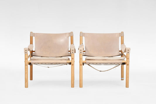 Scirocco Safari Lounge Chairs in Beige Leather & Ash by Arne Norell for Arne Norell AB, 1960s, Set of 2