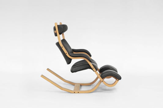 Gravity Balans Lounge Chair in Black Leather & Beige Plywood by Peter Opsvik for Varier, 1990s