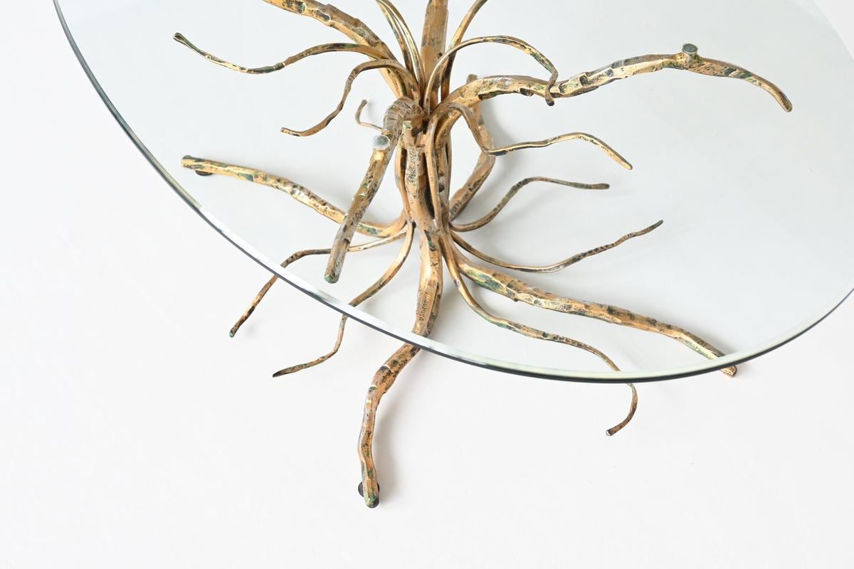 Brutalist Sculptural Tree-Shaped Gold-Plated Wrought Iron & Glass Coffee Table by Salvino Marsura, 1960s