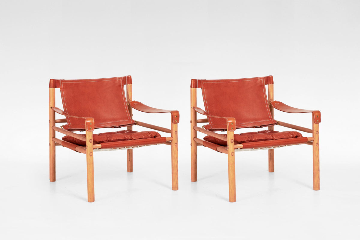 Scirocco Safari Lounge Chairs in Red Leather & Ash by Arne Norell for Arne Norell AB, 1960s, Set of 2