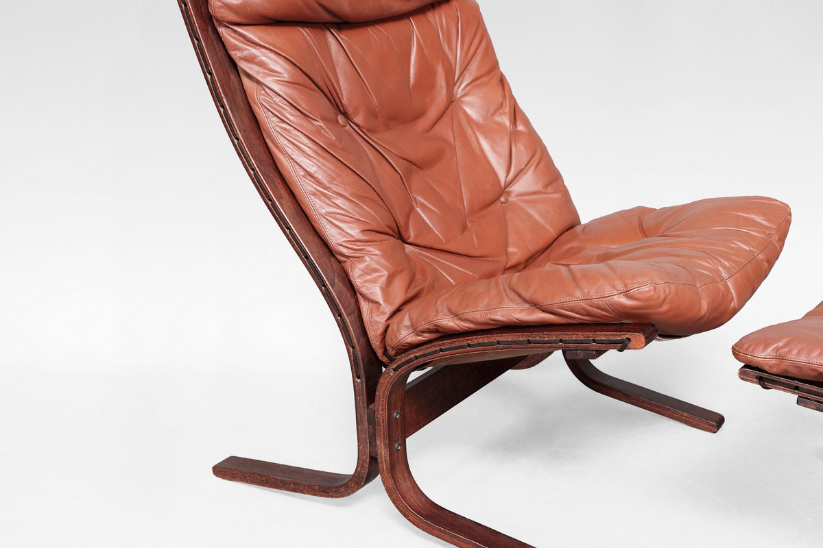 Siesta Lounge Chair & Ottoman in Cognac Leather & Plywood by Ingmar Relling for Westnofa, 1970s
