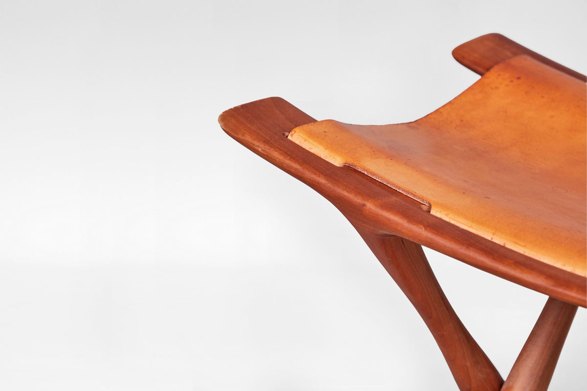 Egyptian Stool in Cognac Leather & Teak by Ole Wanscher for PJ Møbler, 1950s