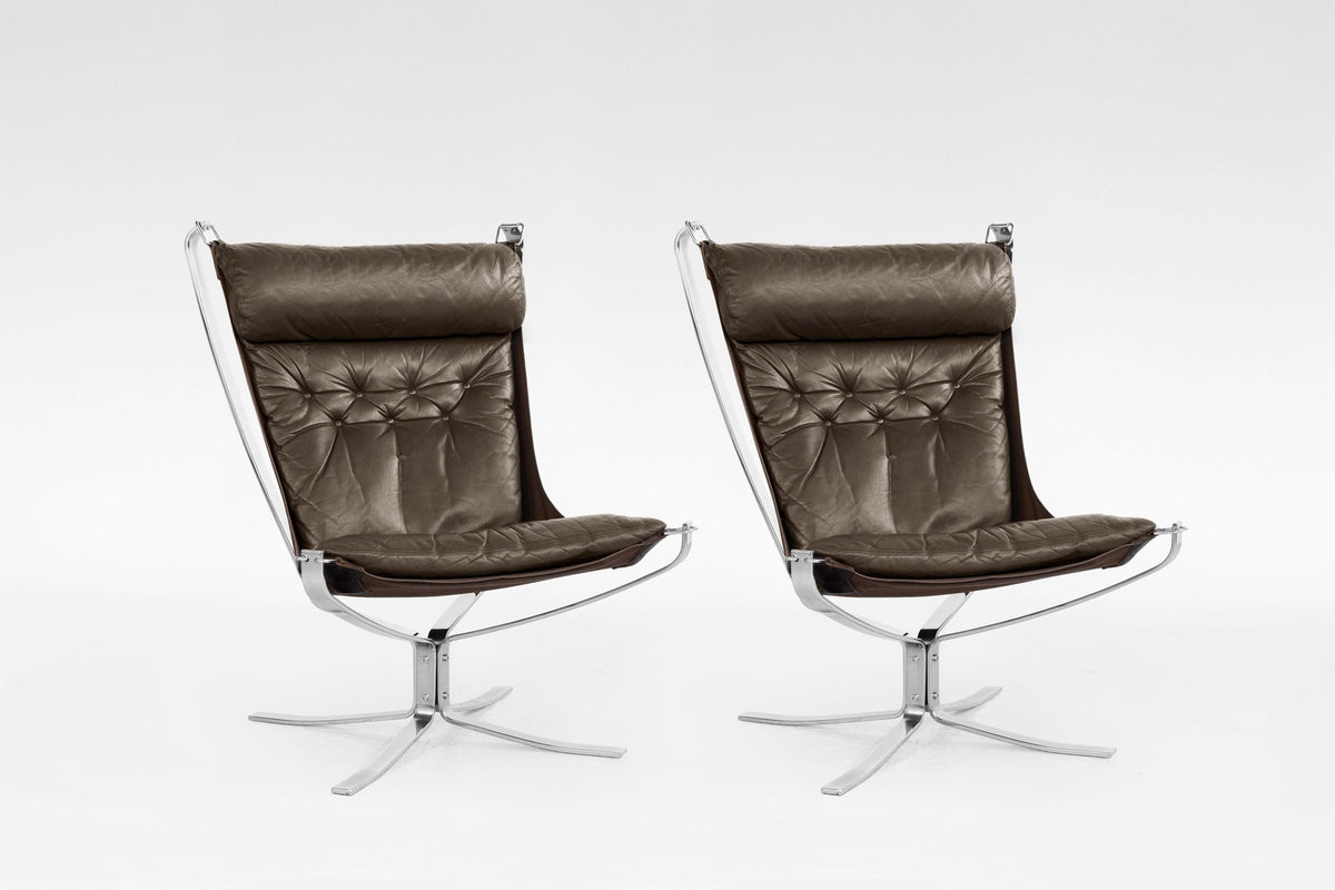 Highback Falcon Lounge Chairs in Brown Leather & Chrome by Sigurd Ressell for Vatne Møbler, 1970s, Set of 2