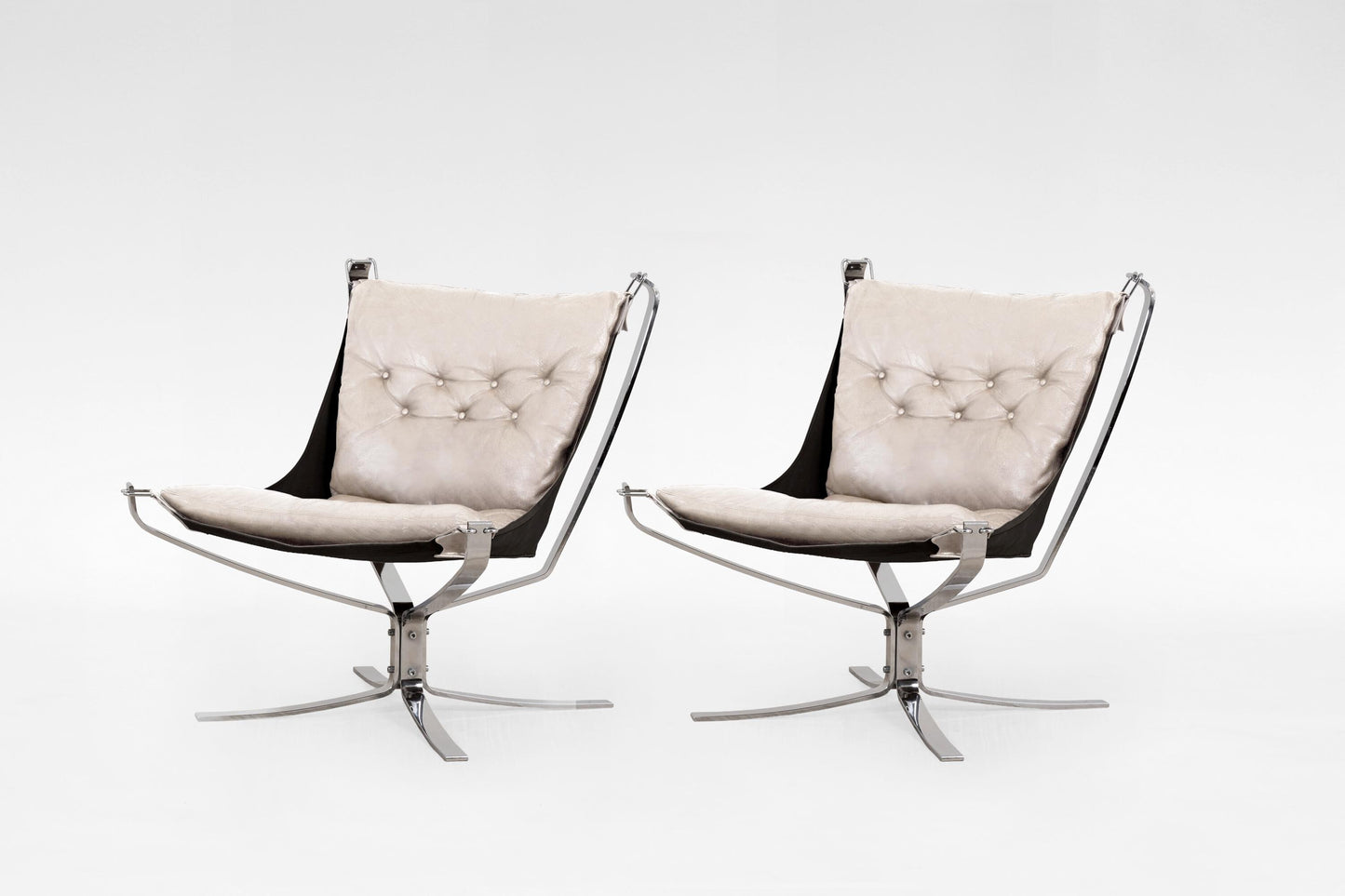 Vintage Beige Leather Steel Falcon Chair Sigurd Ressell Vatne Møbler 1970s Set of 2 Norway Scandinavian Mid Century Modern Rare Furniture