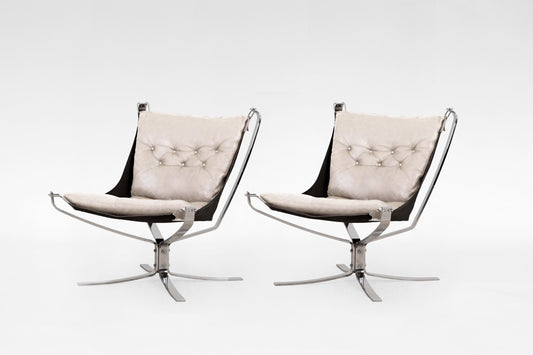 Vintage Beige Leather Steel Falcon Chair Sigurd Ressell Vatne Møbler 1970s Set of 2 Norway Scandinavian Mid Century Modern Rare Furniture