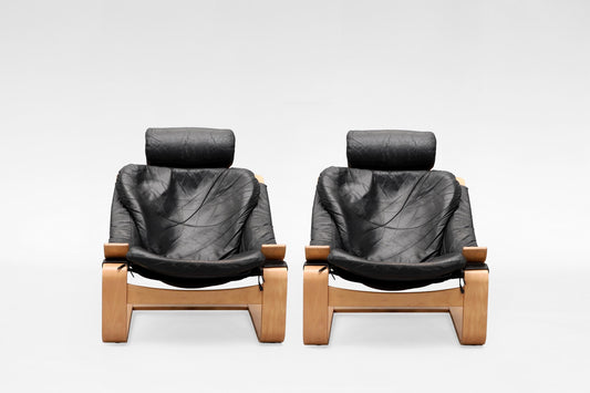 Kroken Lounge Chairs in Black Leather & Plywood by Åke Fribytter for Nelo Möbel, 1970s, Set of 2