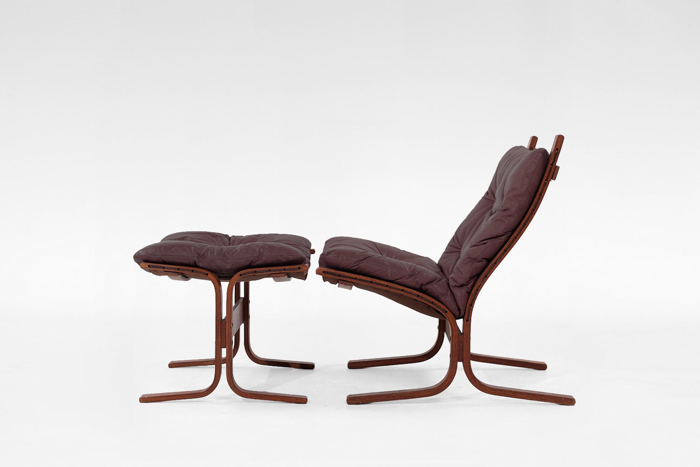 Vintage Dark Brown Leather Plywood Siesta Chair & Ottoman Ingmar Relling Westnofa Denmark 1970s Scandinavian Mid Century Modern Icon