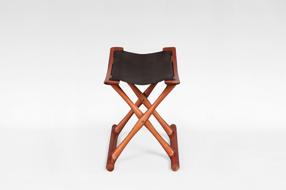 Egyptian Stool in Black Leather & Teak by Ole Wanscher for PJ Møbler, 1950s
