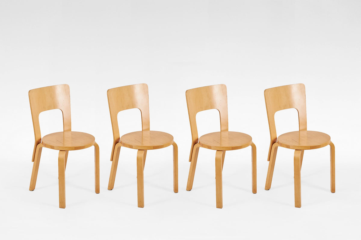 Model 66 Dining Chairs in Natural Bent Birch Plywood by Alvar Aalto for Artek 1930s, Set of 4