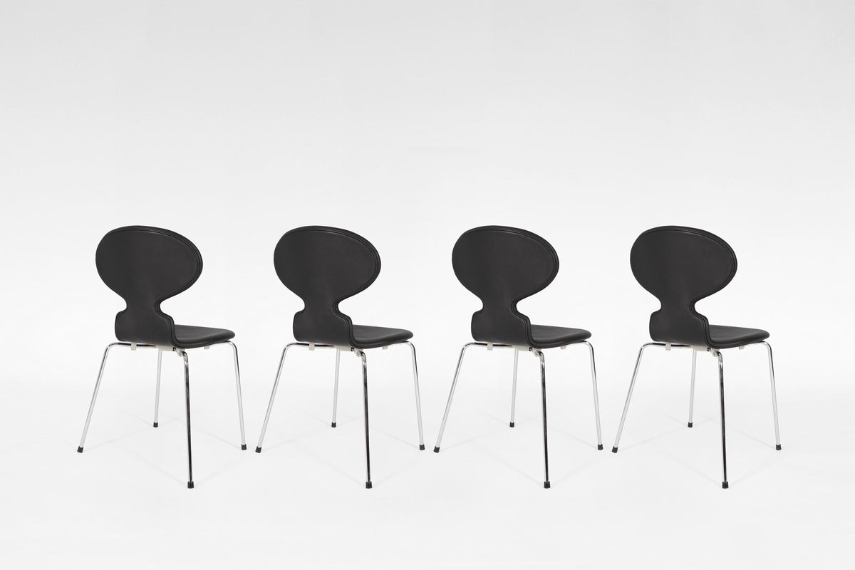 Ant Dining Chairs in Black Leather & Chrome by Arne Jacobsen for Fritz Hansen, 1960s, Set of 4