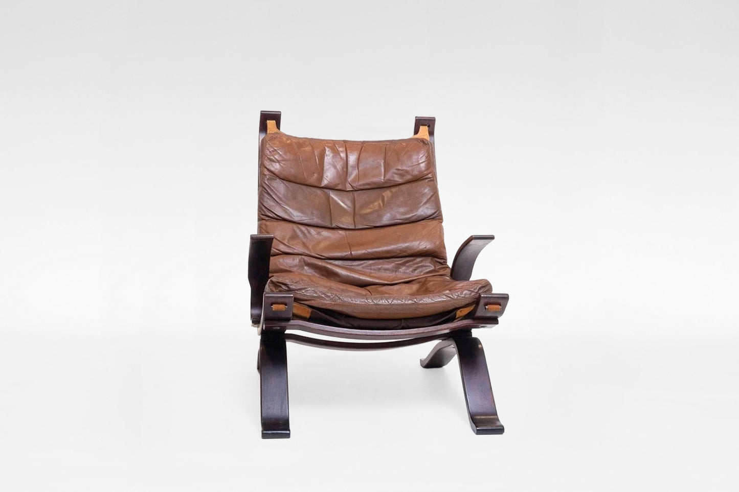 Vintage Cognac Leather Plywood Focus Sling Lounge Chair Bramin Møbler 1970s Scandinavian Mid Century Modern Minimalist Furniture Design