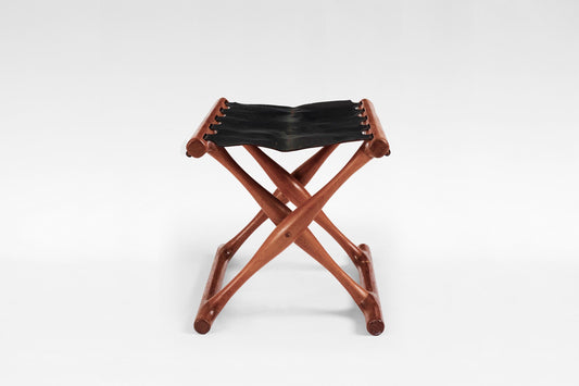 Guldhøj Folding Stool in Teak & Black Leather by Poul Hundevad for Hundevad & Co., 1950s