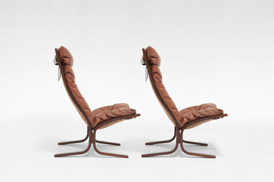 High-Back Siesta Lounge Chairs in Cognac Leather & Plywood by Ingmar Relling for Westnofa, 1960s, Set of 2