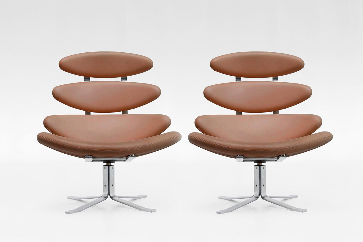 EJ5 Corona Lounge Chairs in Cognac Leather & Steel by Poul M. Volther for Erik Jørgensen, 1960s, Set of 2