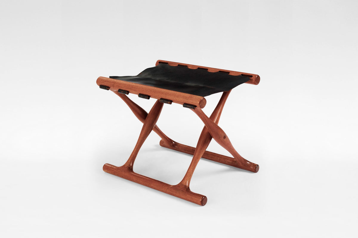 Guldhøj Folding Stool in Teak & Black Leather by Poul Hundevad for Hundevad & Co., 1950s