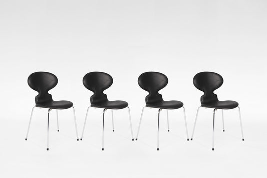 Ant Dining Chairs in Black Leather & Chrome by Arne Jacobsen for Fritz Hansen, 1960s, Set of 4