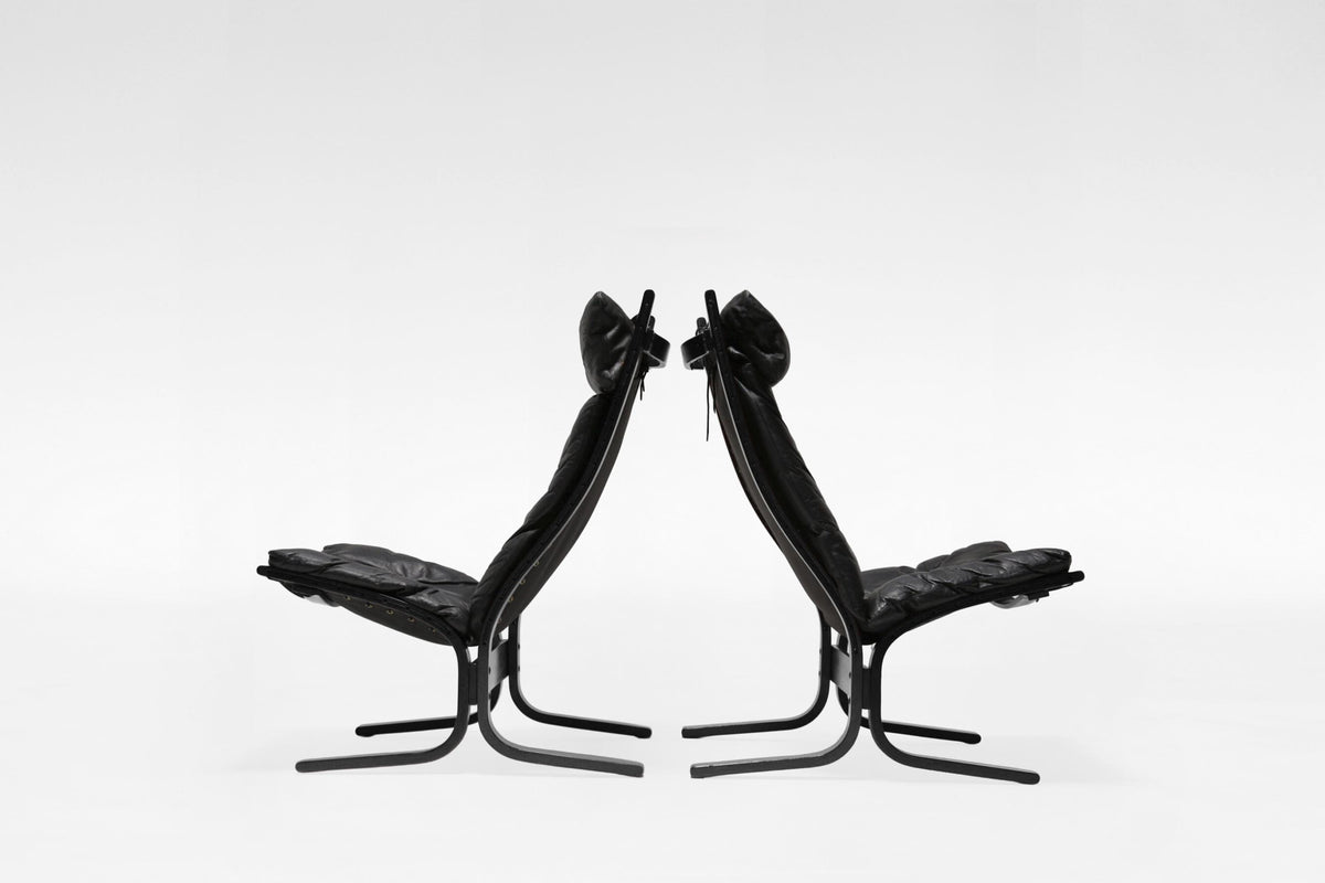 Siesta Lounge Chairs & Ottoman in  Black Leather & Plywood by Ingmar Relling for Westnofa, 1970s, Set of 3