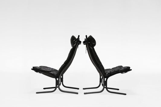 Siesta Lounge Chairs & Ottoman in  Black Leather & Plywood by Ingmar Relling for Westnofa, 1970s, Set of 3