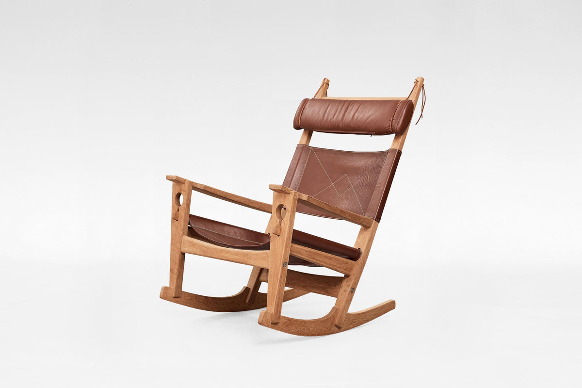 GE-673 Keyhole Rocking Chair in Cognac Leather & Beech by Hans J. Wegner for GETAMA, 1960s