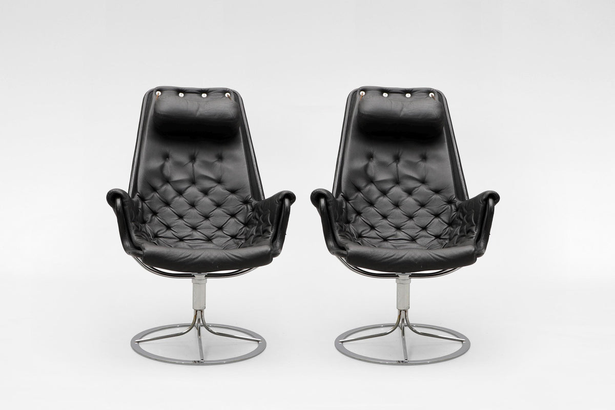 Jetson Lounge Chairs in Black Leather & Chrome by Bruno Mathsson for DUX, 1969, Set of 2