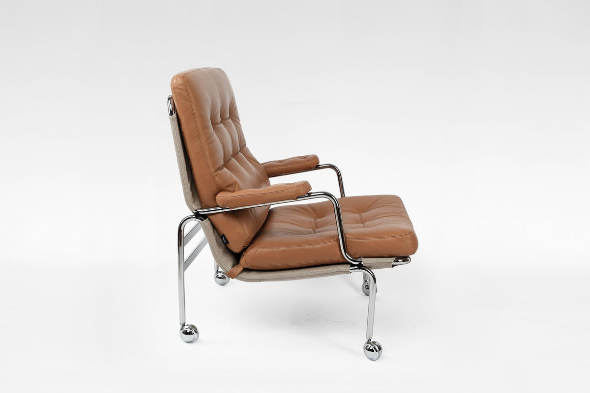 Karin Wheeled Lounge Chair In Cognac Leather & Chrome by Bruno Mathsson for DUX, 1960s