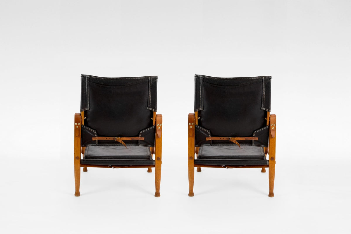 Safari Lounge Chairs in Black Leather & Ash Wood by Kaare Klint for Rud. Rasmussen, 1960s, Set of 2