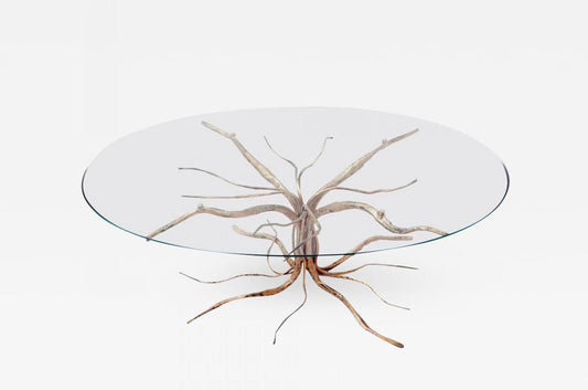 Brutalist Sculptural Tree-Shaped Gold-Plated Wrought Iron & Glass Coffee Table by Salvino Marsura, 1960s