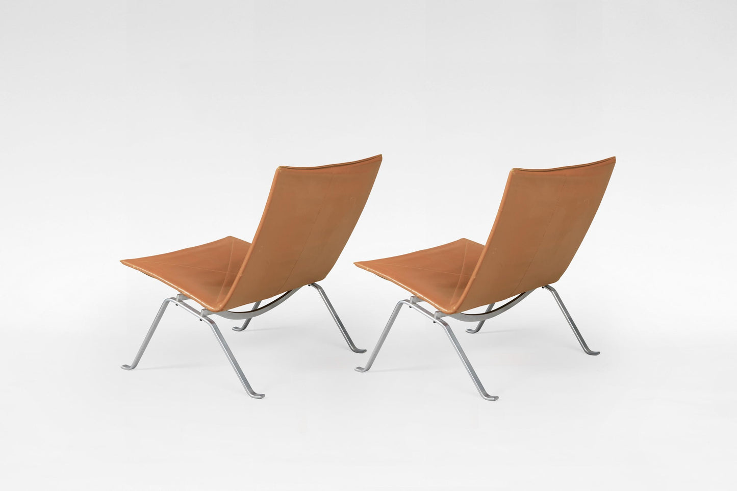 Poul Kjærholm PK22 Lounge Chair Fritz Hansen Denmark 1950s Set of 2: Cognac Leather, Steel Frame, Scandinavian Modern