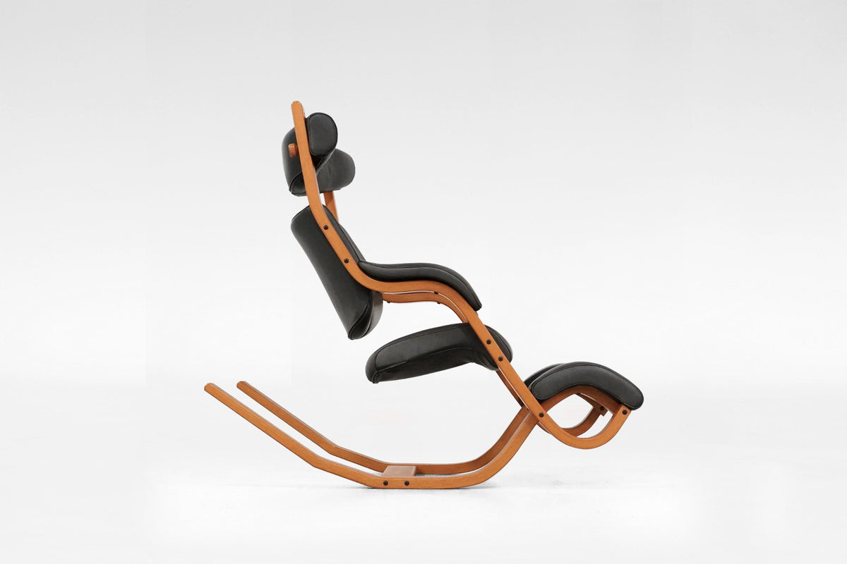 Gravity Balans Lounge Chair in Black Leather & Honey Plywood by Peter Opsvik for Varier, 1990s