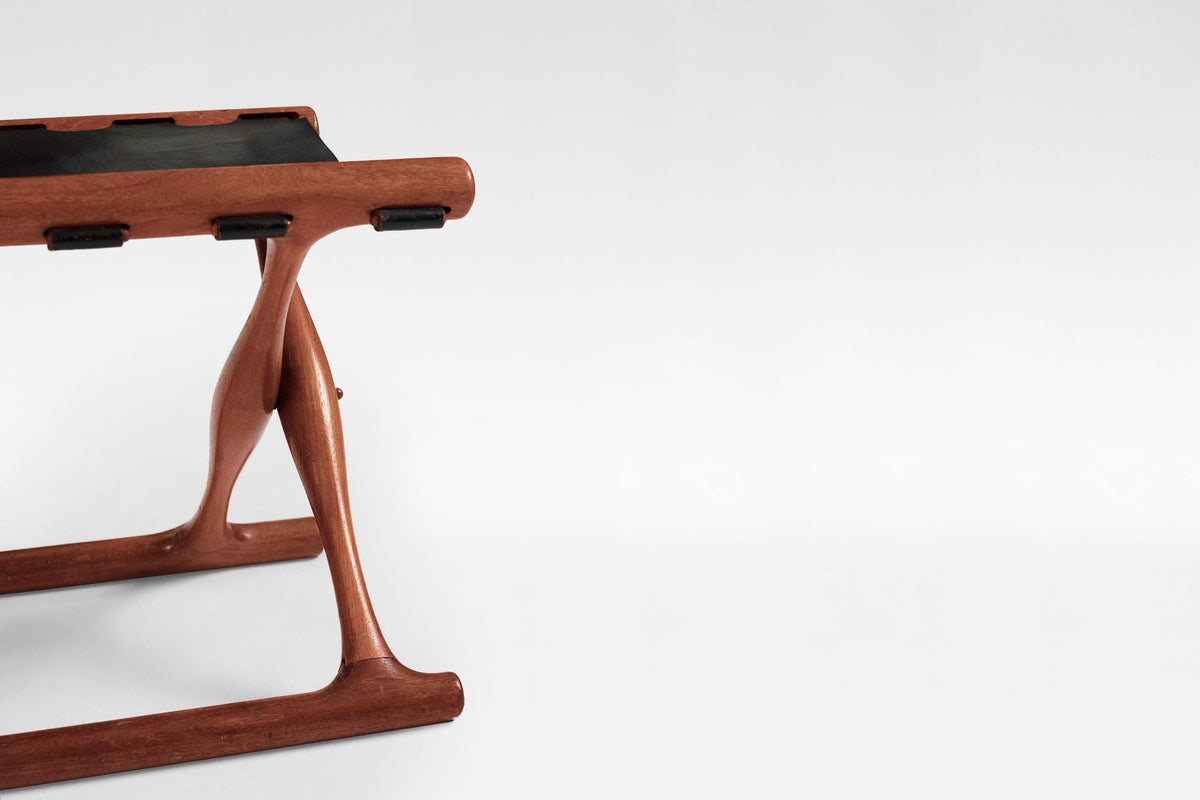 Guldhøj Folding Stool in Teak & Black Leather by Poul Hundevad for Hundevad & Co., 1950s