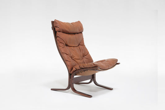 High-Back Siesta Lounge Chair in Cognac Leather & Plywood by Ingmar Relling for Westnofa, 1960s