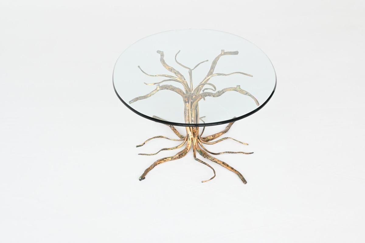 Brutalist Sculptural Tree-Shaped Gold-Plated Wrought Iron & Glass Coffee Table by Salvino Marsura, 1960s