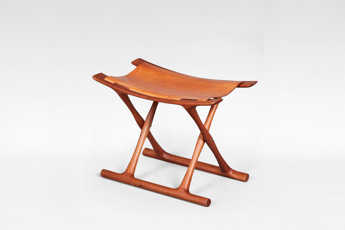 Egyptian Stool in Cognac Leather & Teak by Ole Wanscher for PJ Møbler, 1950s
