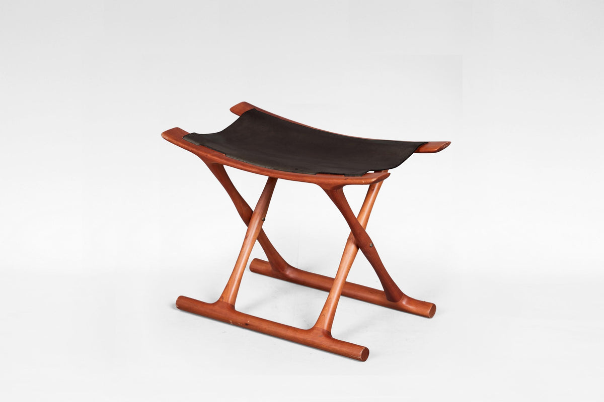 Egyptian Stool in Black Leather & Teak by Ole Wanscher for PJ Møbler, 1950s