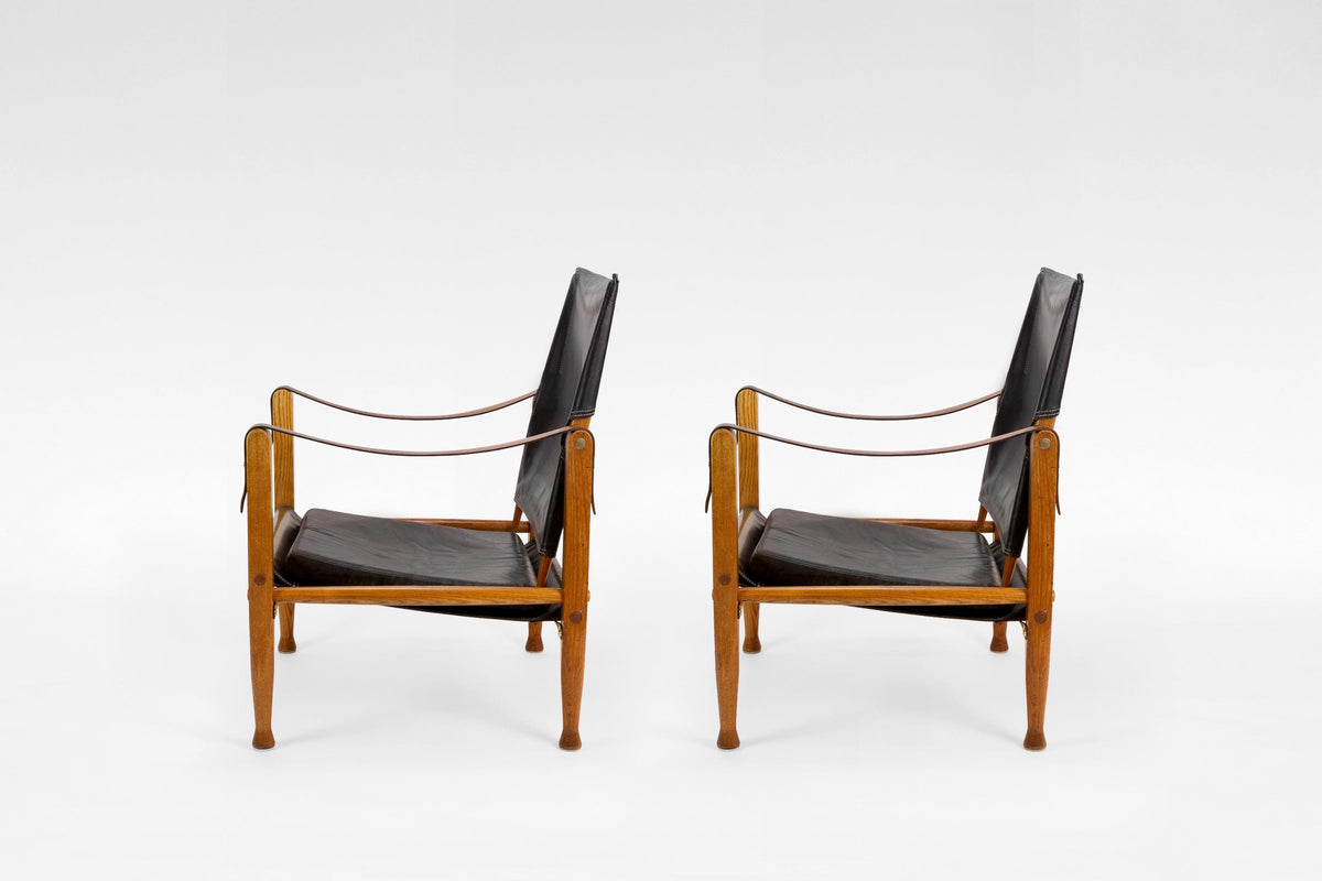 Safari Lounge Chairs in Black Leather & Ash Wood by Kaare Klint for Rud. Rasmussen, 1960s, Set of 2