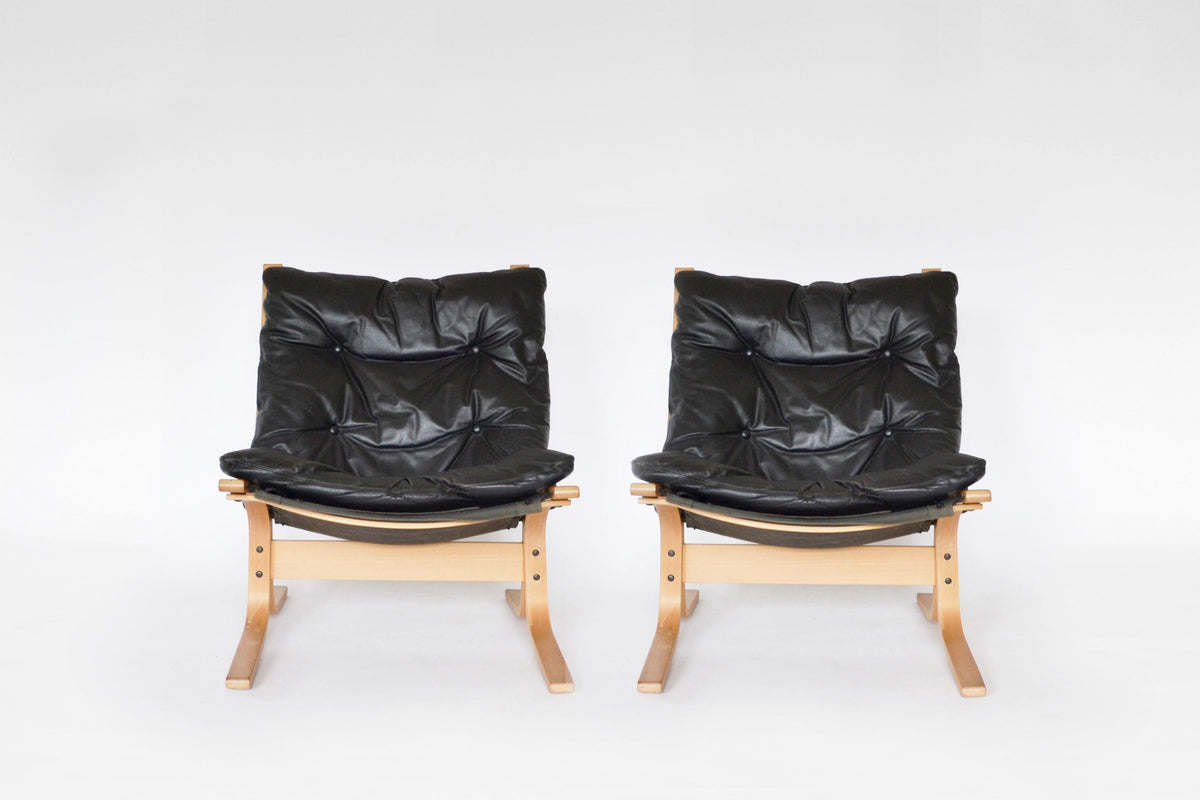 Siesta Lounge Chairs in Black Leather & Bent Plywood by Ingmar Relling for Westnofa 1970s, Set of 2