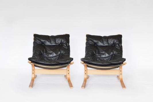 Siesta Lounge Chairs in Black Leather & Bent Plywood by Ingmar Relling for Westnofa 1970s, Set of 2