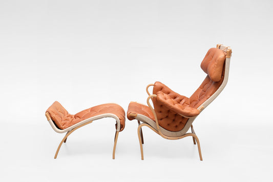 Pernilla Lounge Chair & Ottoman in Cognac Leather & Beech by Bruno Mathsson for DUX, 1969