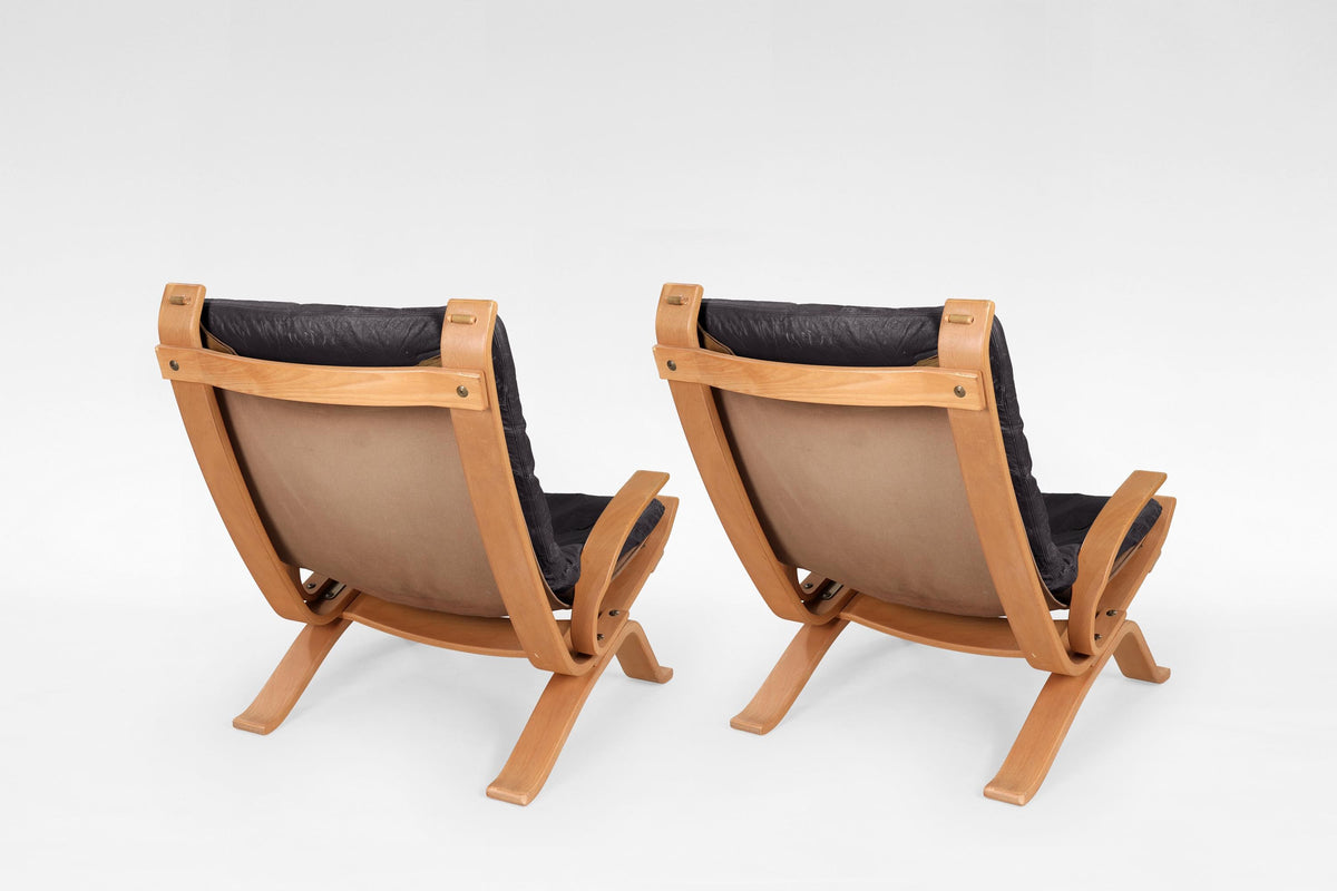 Focus Sling Lounge Chairs in Dark Brown Leather & Bent Plywood by Bramin Møbler, 1970s, Set of 2