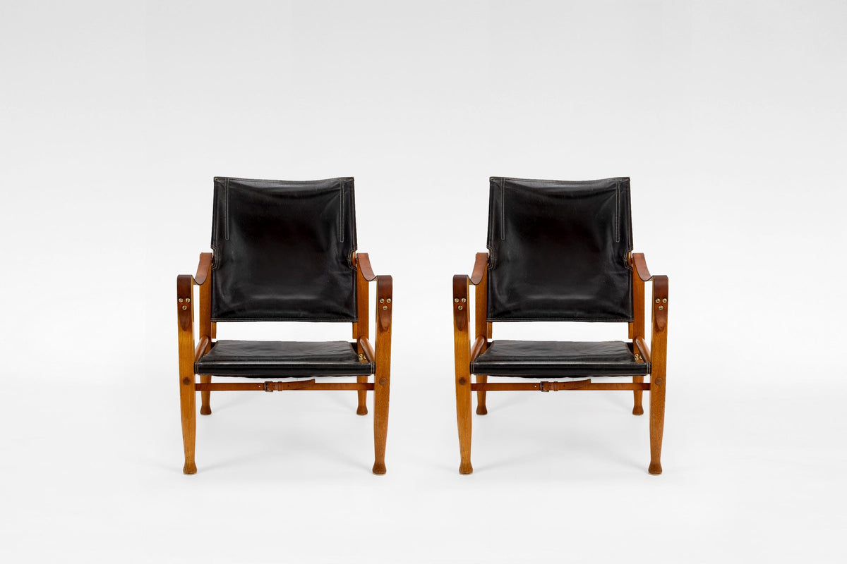 Safari Lounge Chairs in Black Leather & Ash Wood by Kaare Klint for Rud. Rasmussen, 1960s, Set of 2