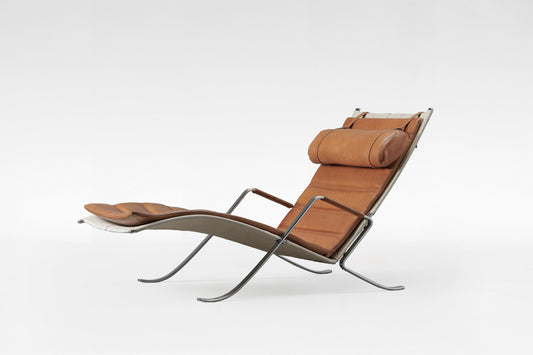 Grasshopper Chaise Longue in Cognac Leather & Steel by P. Fabricius & J. Kastholm for Kill International, 1960s