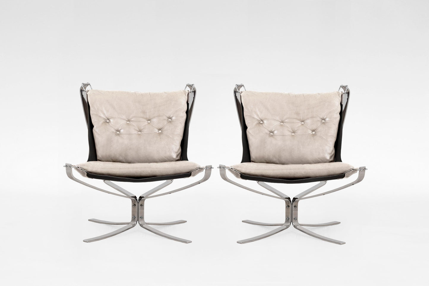 Vintage Beige Leather Steel Falcon Chair Sigurd Ressell Vatne Møbler 1970s Set of 2 Norway Scandinavian Mid Century Modern Rare Furniture