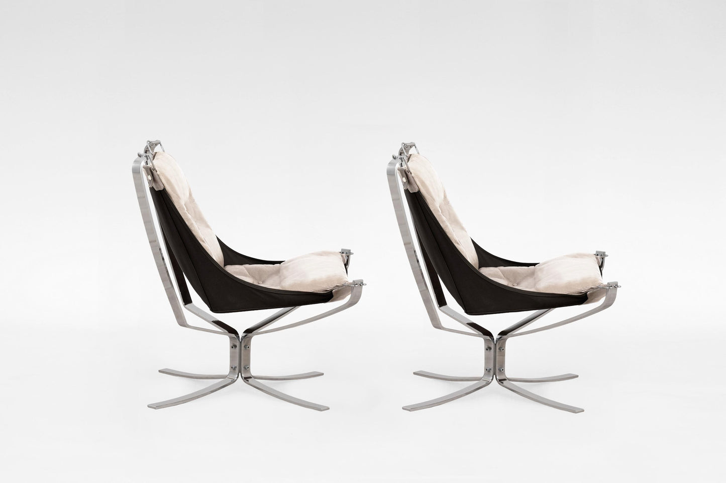 Vintage Beige Leather Steel Falcon Chair Sigurd Ressell Vatne Møbler 1970s Set of 2 Norway Scandinavian Mid Century Modern Rare Furniture