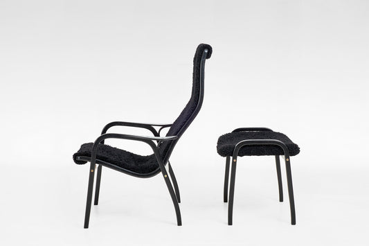 Lamino Lounge Chair & Ottoman Black Sheepskin & Beech by Yngve Ekström for Swedese, 1956, Set of 2