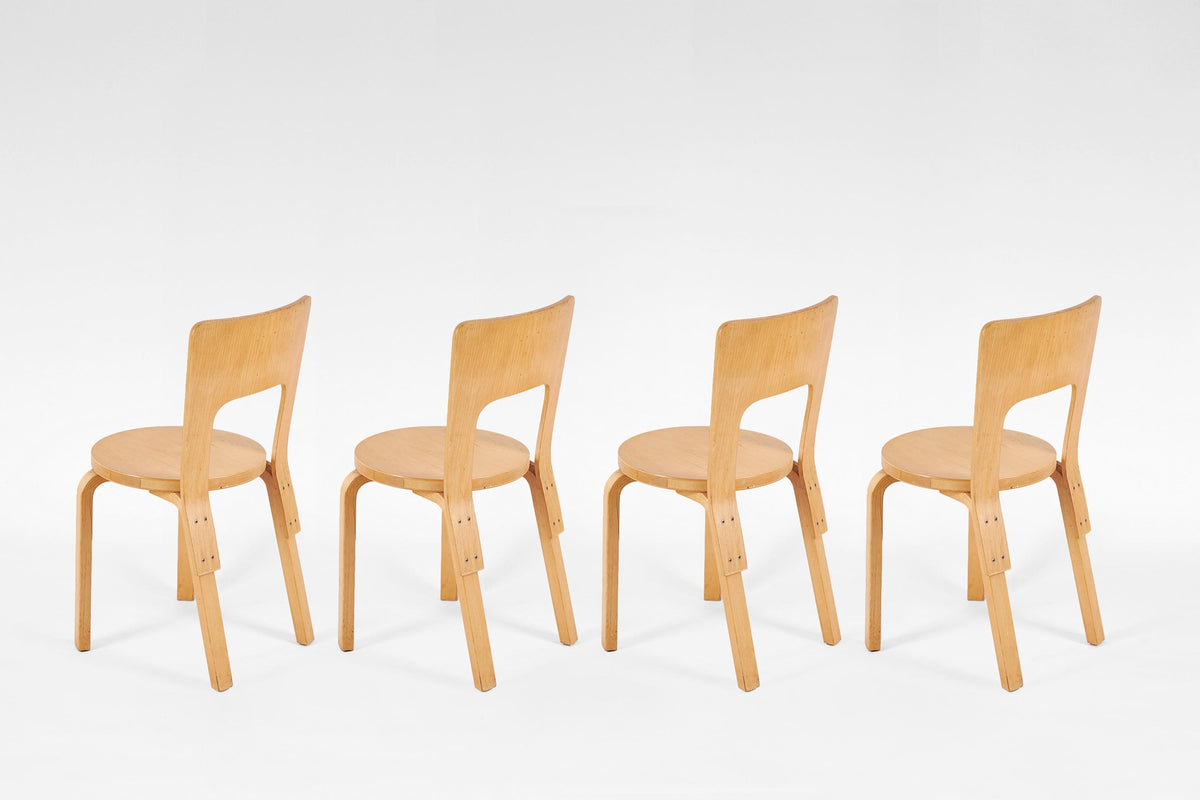 Model 66 Dining Chairs in Natural Bent Birch Plywood by Alvar Aalto for Artek 1930s, Set of 4