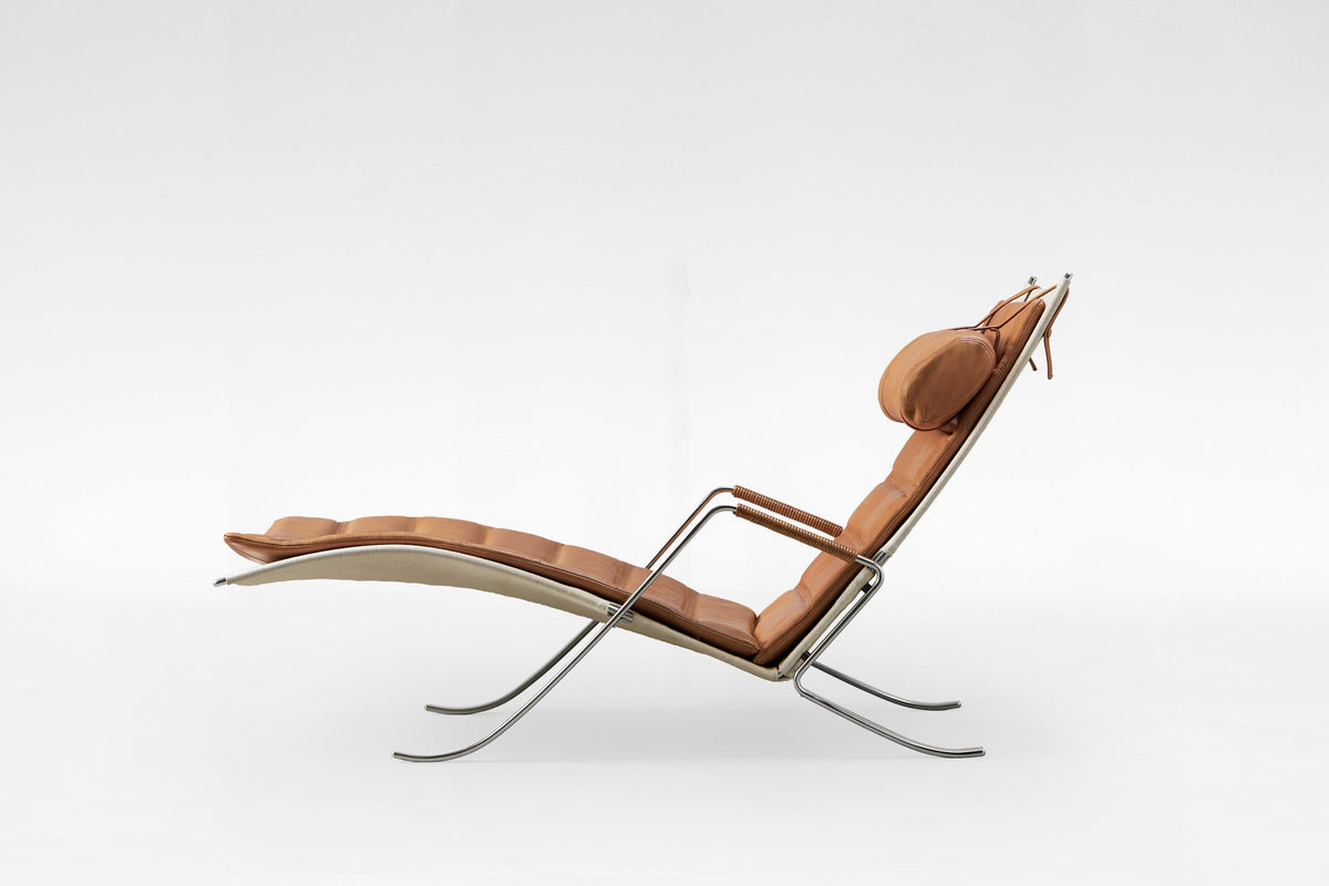 Grasshopper Chaise Longue in Cognac Leather & Steel by P. Fabricius & J. Kastholm for Kill International, 1960s