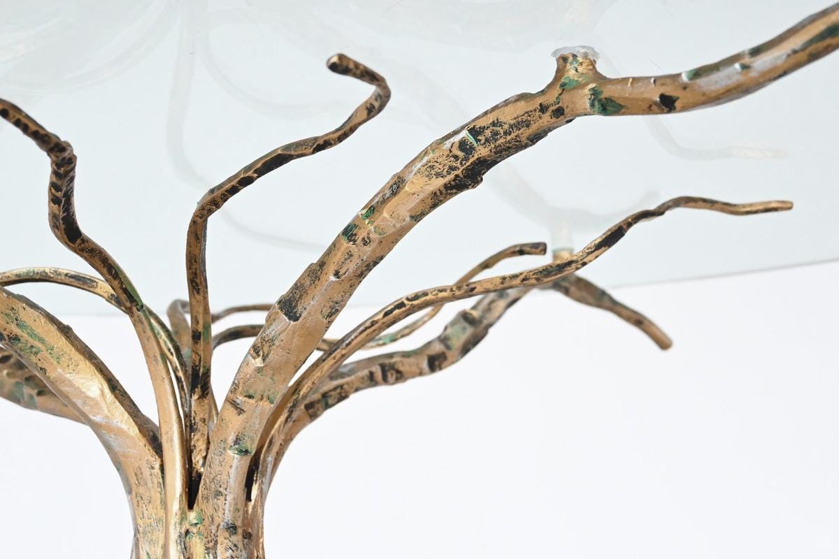 Brutalist Sculptural Tree-Shaped Gold-Plated Wrought Iron & Glass Coffee Table by Salvino Marsura, 1960s