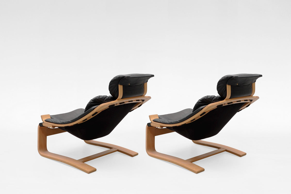 Kroken Lounge Chairs in Black Leather & Plywood by Åke Fribytter for Nelo Möbel, 1970s, Set of 2