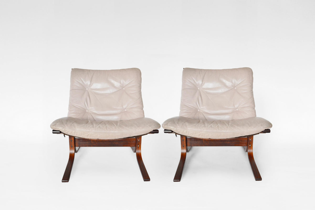 Siesta Lounge Chairs in Beige Leather & Bent Plywood by Ingmar Relling for Westnofa 1970s, Set of 2